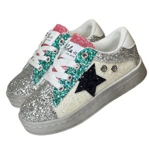 Lola + The Boys Silver Blue Pink Toddler Girl Glitter Star Sneakers US Size 5.5